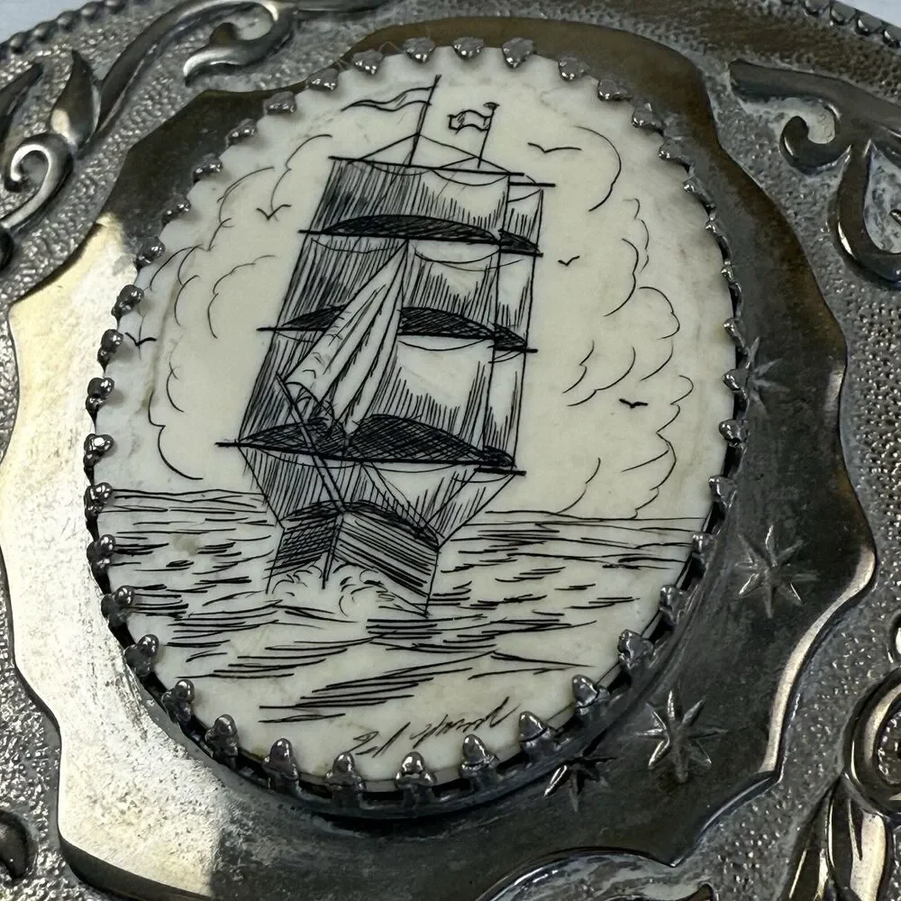 Vintage Sailing Ship Scrimshaw Belt Buckle Silver Metal Bone Floral